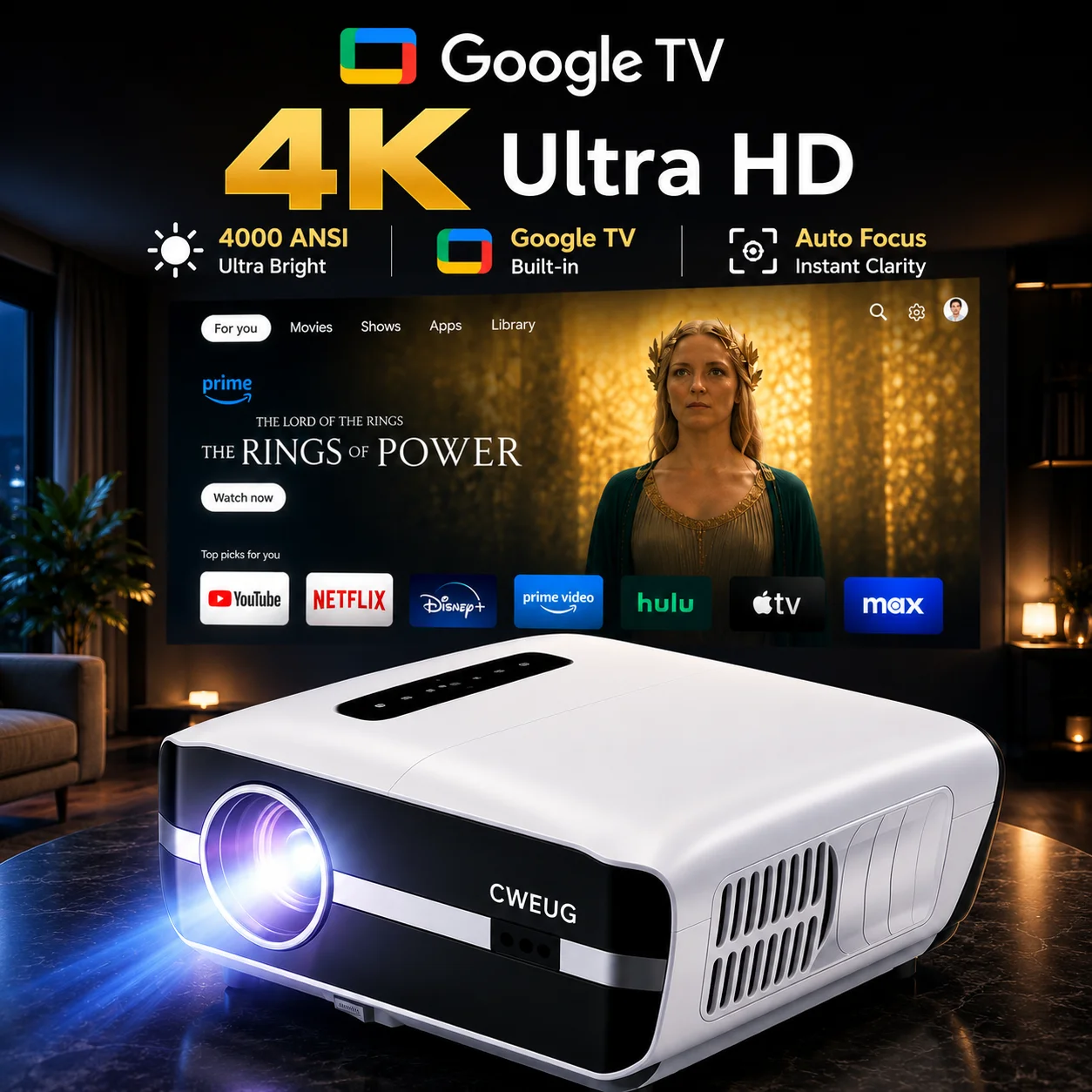 Home Cinema Night - NewA9S 4k Projektor Autofokus Tageslichtprojektor 2.4+5G
